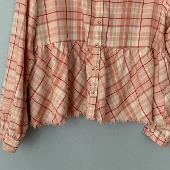Carve Designs • Pink Red White Plaid Peplum Button Down Raw Edge Top Size XL - Picture 5 of 11